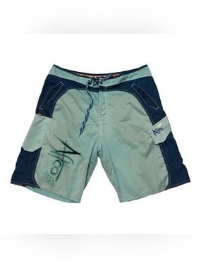 AFTCO Seafoam & Navy Men's Board Shorts with Cargo Pocket